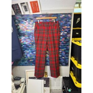 Vintage 70s Red Tartan Plaid Trousers Straight Leg Cuffed Holiday Pants 33x31